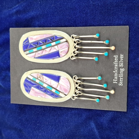 Vintage Native American Multi Stone On Sterling Silver Dangle Earrings Post - Picture 4 of 16